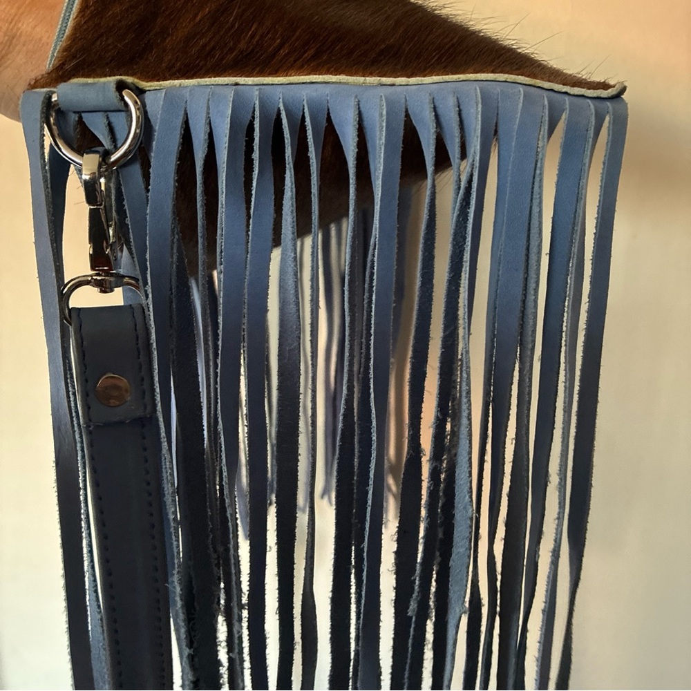 Western Linens-HairOnHide Fringe Crossbody Powder Blue Homestead Coastal Cowgirl - Picture 7 of 14